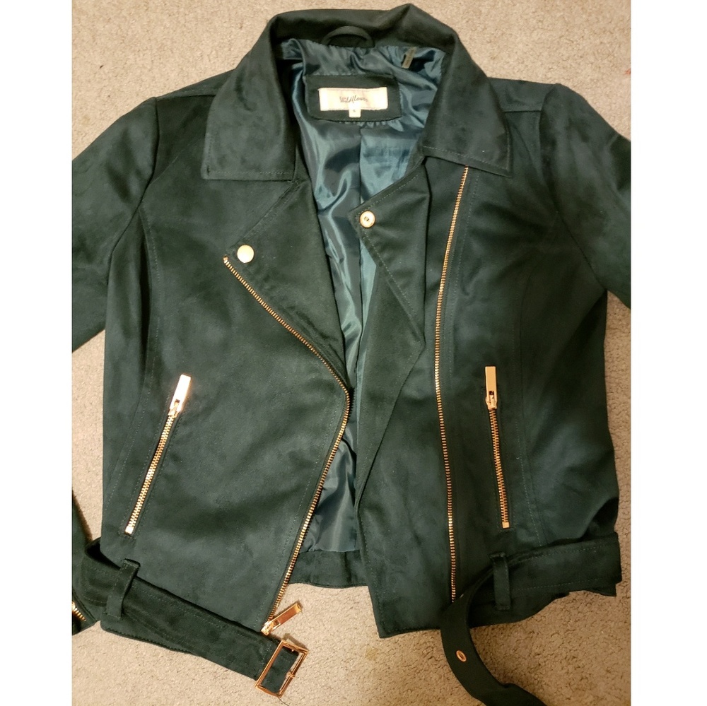 Green faux suede biker jacket